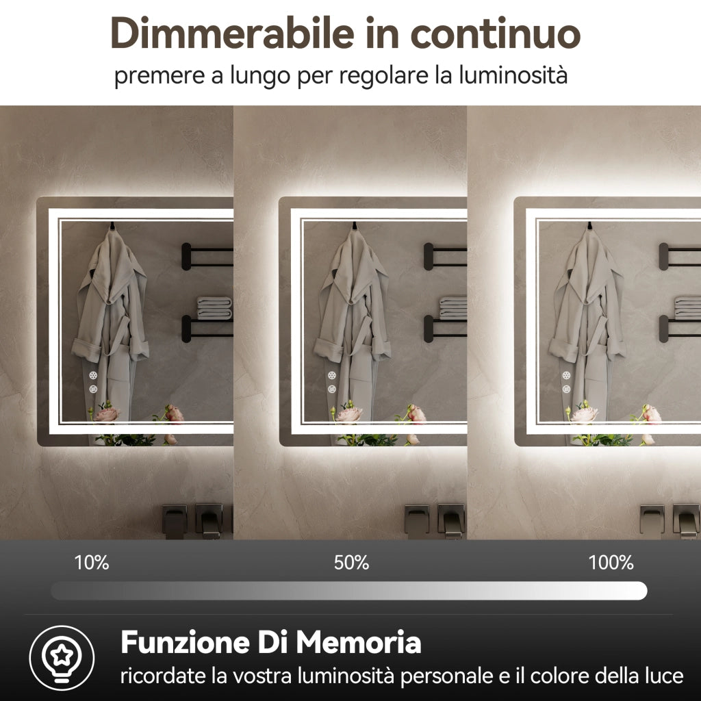 Specchio da Bagno LED 80x60cm - RATTANTREE - Specchio per il Trucco con Illuminazione a 3 colore con controllo a sfioramento - Specchio da Bagno Antiappannamento