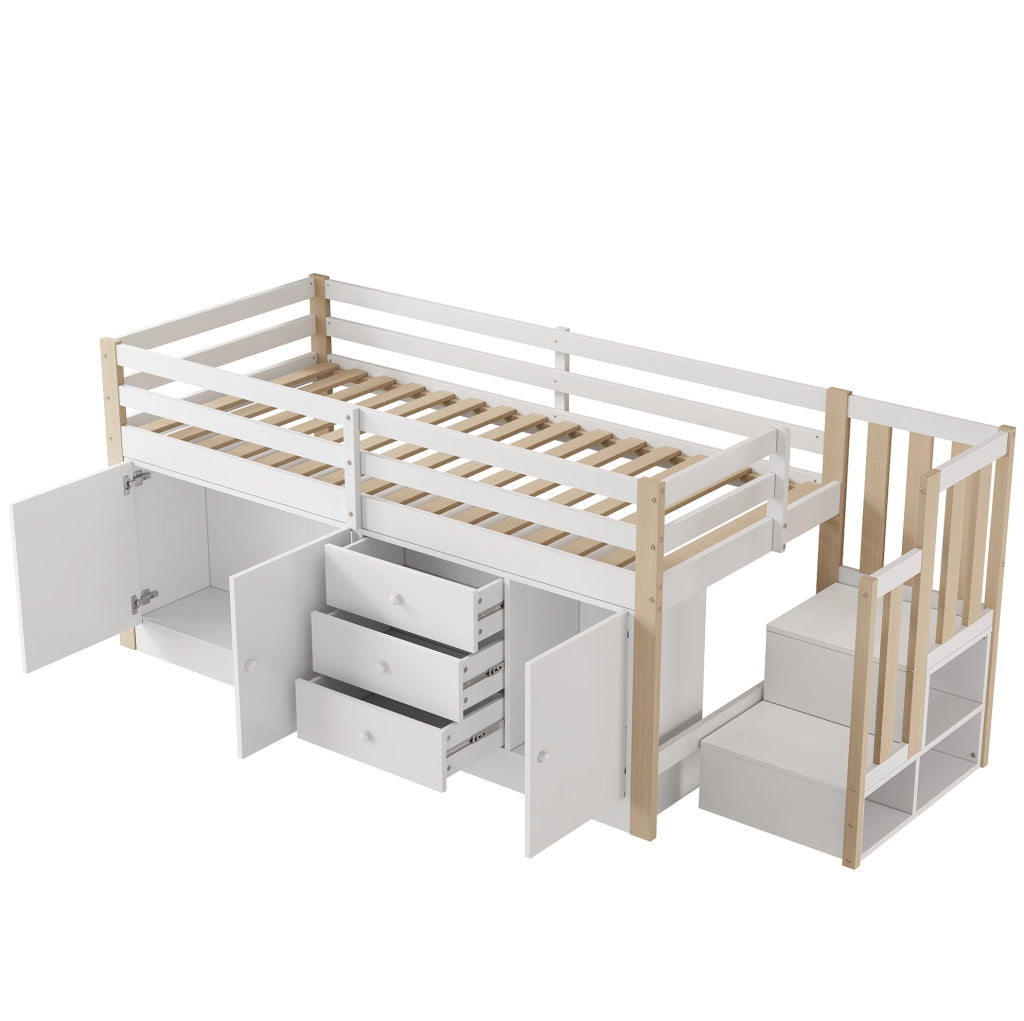 Letto a soppalco per bambini 90x200 cm bianco in MDF con scale; cassetti e armadi
