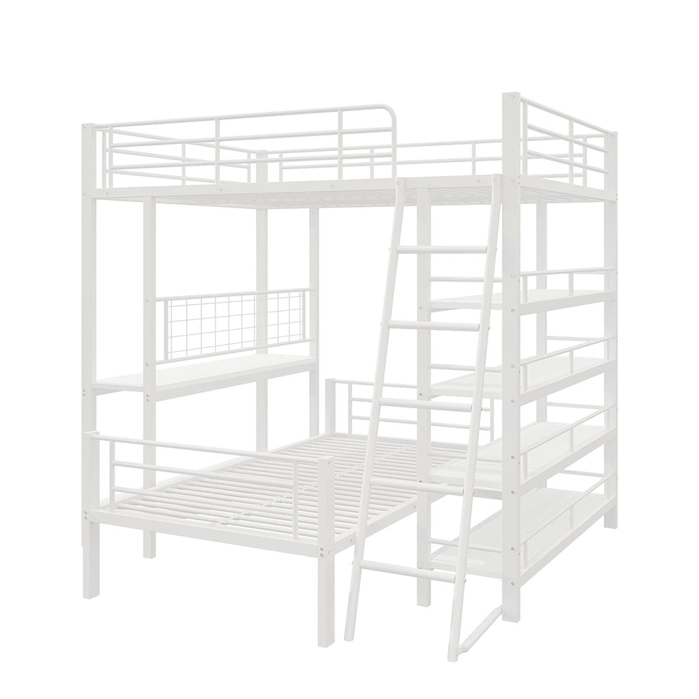Letto mezzanino metallico 140x200cm - Xylo - bianco, ripiani integrati