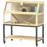 Gabbia per Criceti in Legno con Scaffale, Ruote, Rampe, Bottiglia d'Acqua, Casetta, Altalene, 87 x 43 x 101cm, Legno Naturale