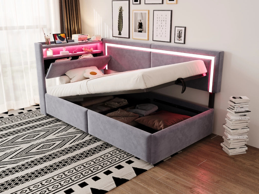 Divano letto imbottito con contenitore sotto il letto, LED e porte USB in velluto grigio chiaro 90 × 200 cm
