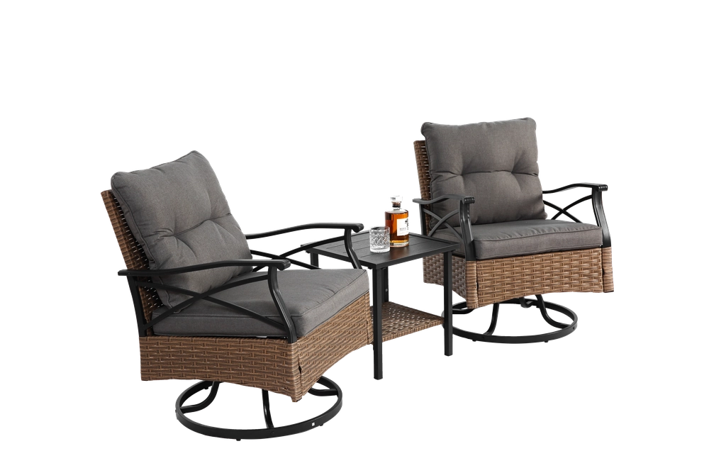 Set 3 Pezzi da Giardino con Tavolo e 2 Sedie a Dondolo Girevoli in Rattan ¨C Xylo ¨C Marrone