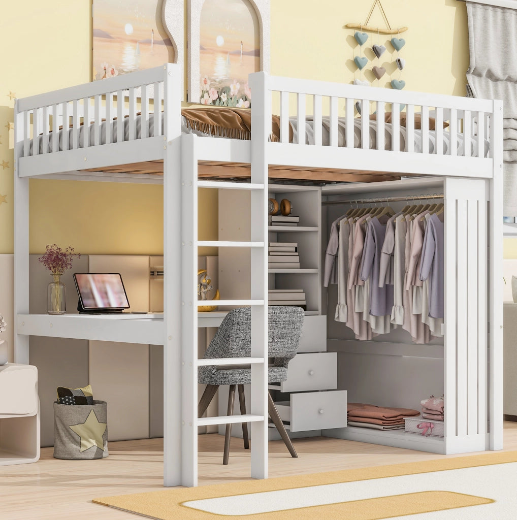 Letto a soppalco 140x200 cm con scrivania e armadio