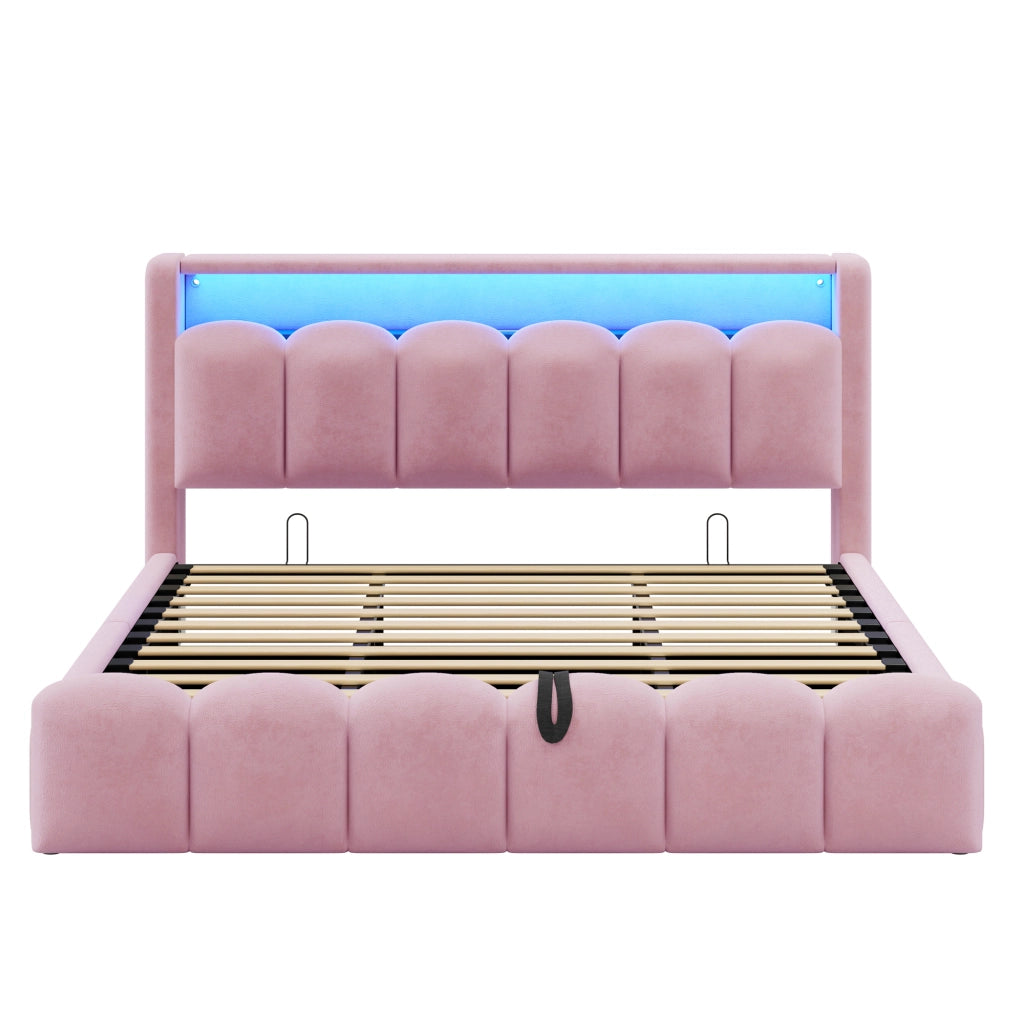 Letto matrimoniale contenitore 180x200 cm con testiera a petalo; LED; USB e USB-C; imbottito in velluto rosa