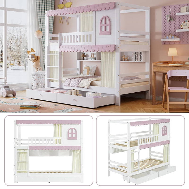 Letto a Castello 90x200 cm; 2 Posti; con Cassetti; Mensole e Scala; in Legno; Bianco Rosa