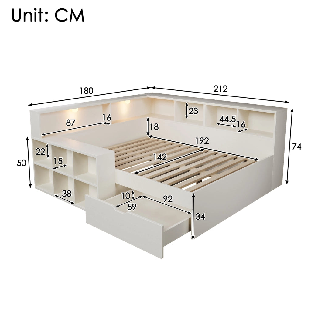LETTO 140x190 cm con cassetti, USB, Type-C e luci Bianco