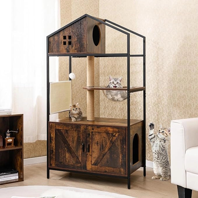 Albero per Gatti 80 x 48 x 150 cm, Lettiera Gatto Chiusa con Posti per Graffiare, Cuscino, Amaca e Palla Pendente, Torre per Animali Domestici in Metallo e Corda di Juta