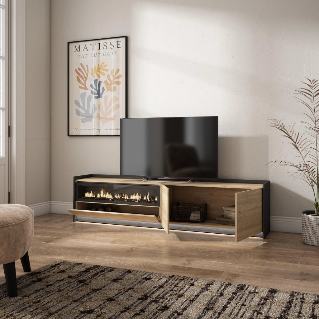 Mobile TV Soggiorno, 207x50x37 cm, Per TV fino a 80", Camino elettrico, LED, Rovere e nero