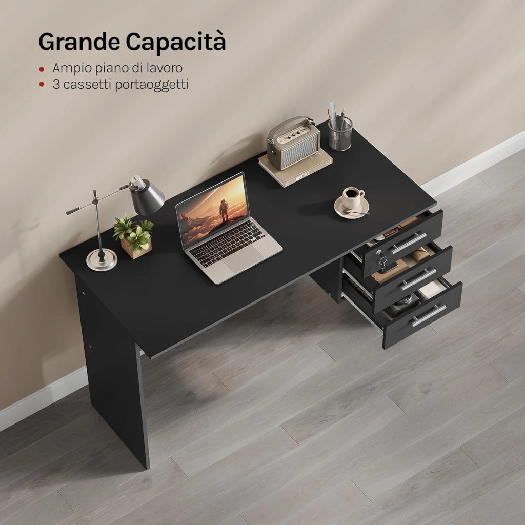 Scrivania con 3 Cassetti, 120x60 cm, Tavolo da Lavoro, Scrivania per Computer, Porta PC in Legno, Nero