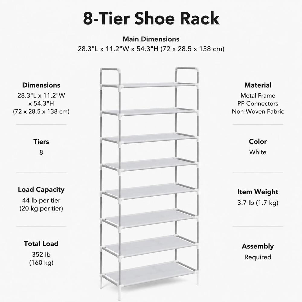 Shoe Rack With 8 Shelves, Metal And Non-woven Fabric, Silver