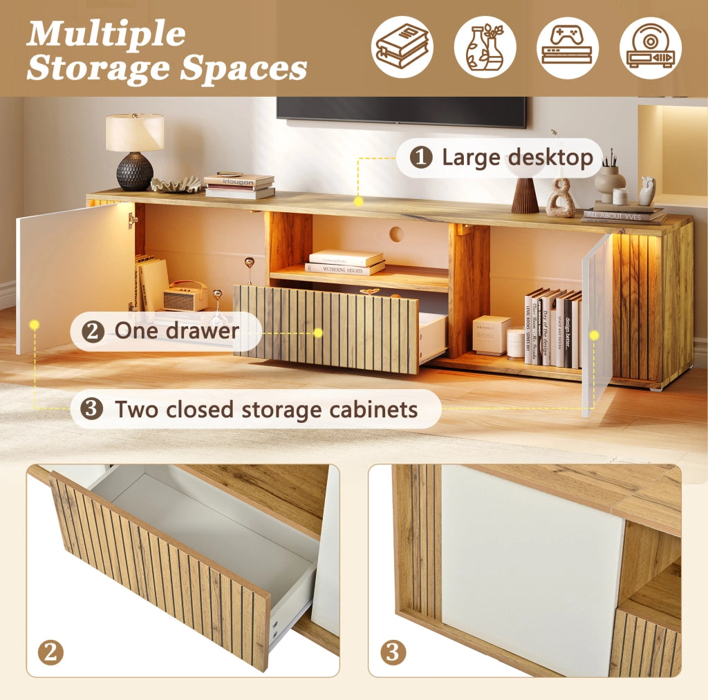 Mobile TV con LED; 2 ante; 1 cassetto; 180x40x51 cm; bianco e naturale