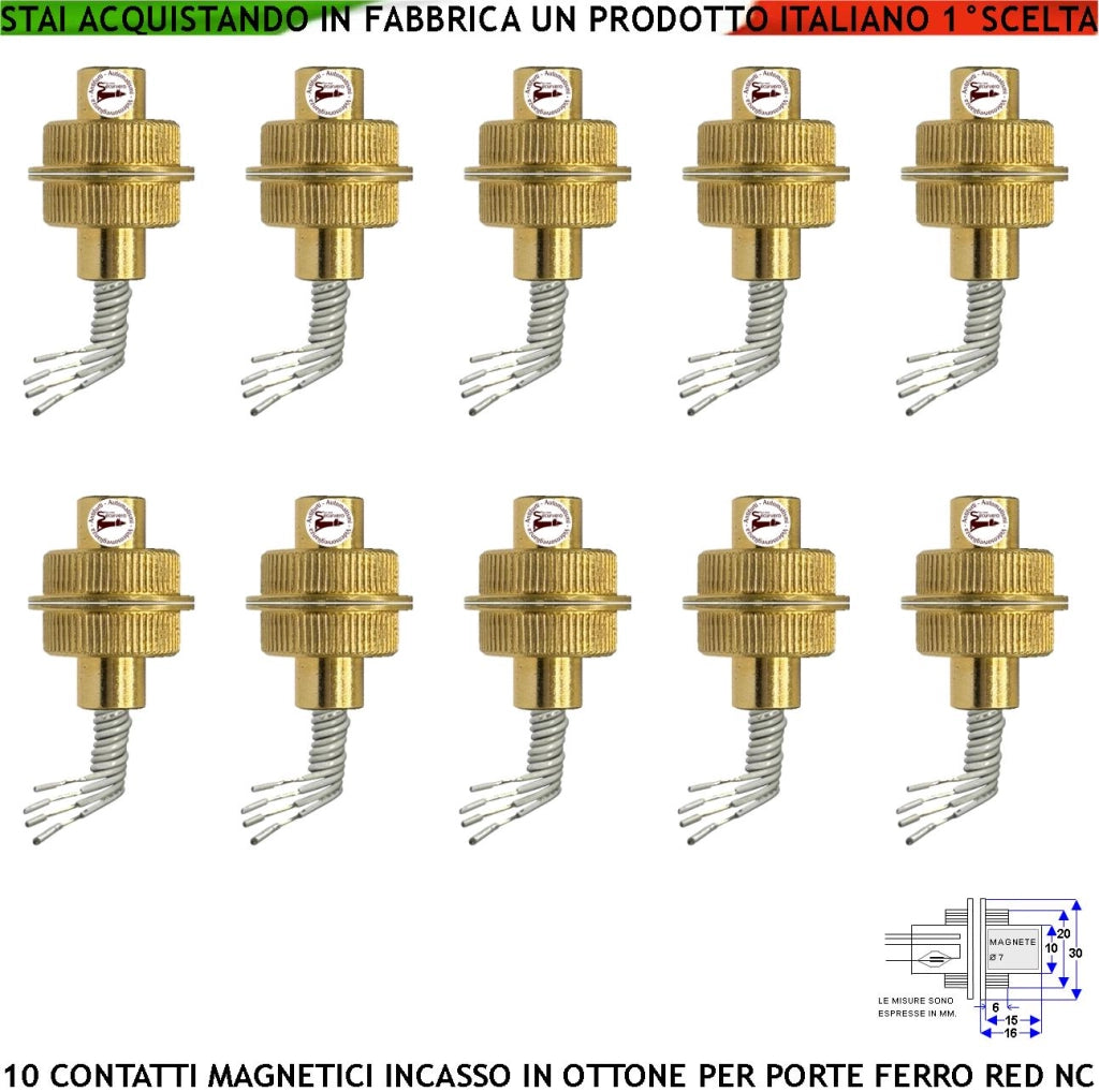 Contatto Blindato Ottone Cilindrico da Incasso Allarme Apertura Porta o Cancello in Ferro 10 Pezzi Sensore Magnetico Reed Campo 20 mm 4 Fili 2 NA 2 Tamper Max 30 V 10 W Fissaggio Tramite Incasso IP65