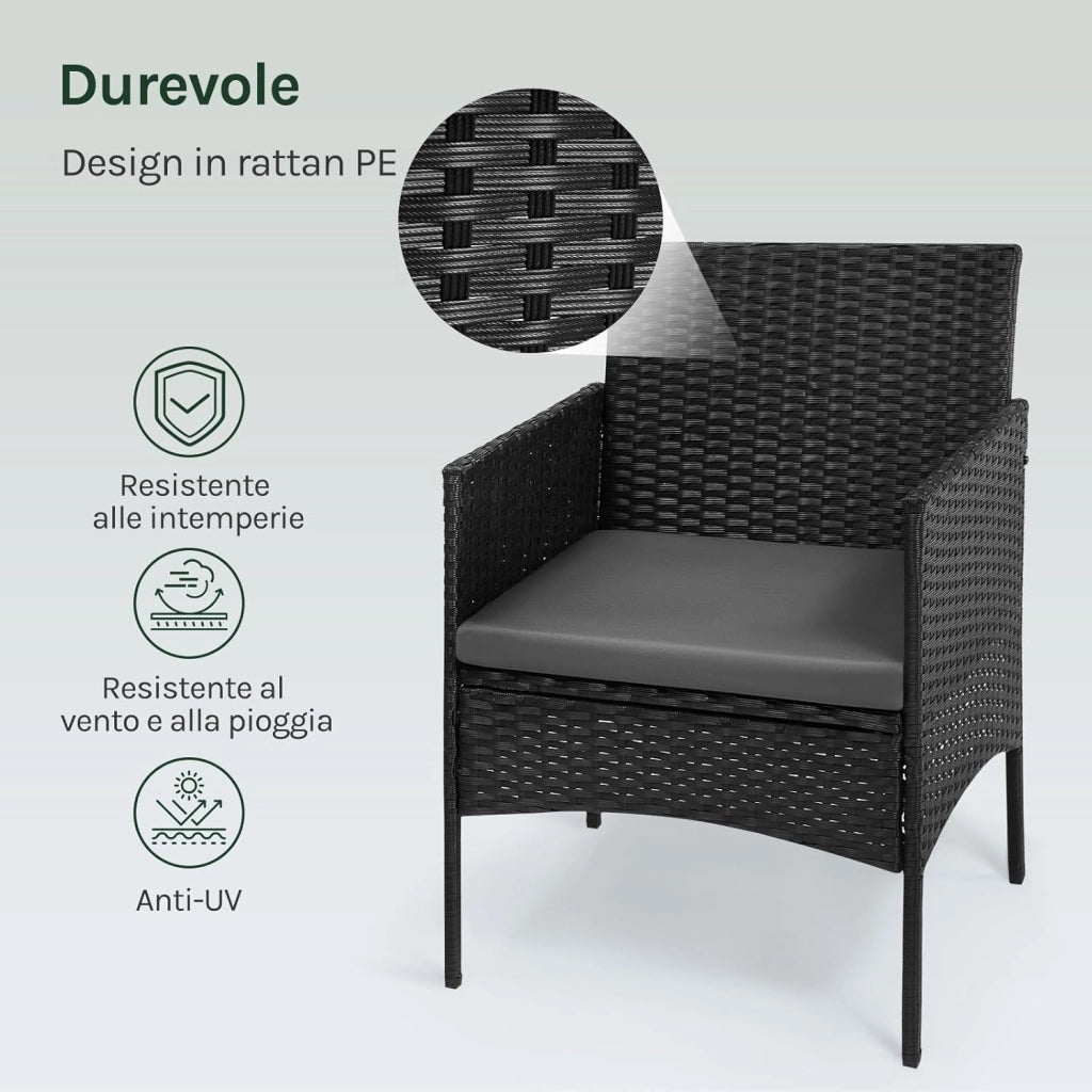 Salotto da Giardino Esterno in Polirotilene per 4 Persone, Set Mobili da Giardino con 1 Divano, 2 Poltrone, 1 Tavolino e Cuscini, per Giardino, Terrazza, Balcone, Grigio