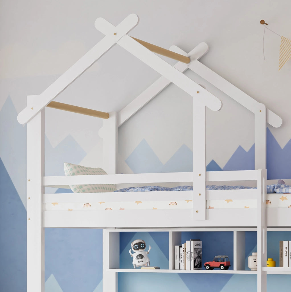 Letto a castello con cassetti e mensole, struttura in legno, bianco 90x200 cm