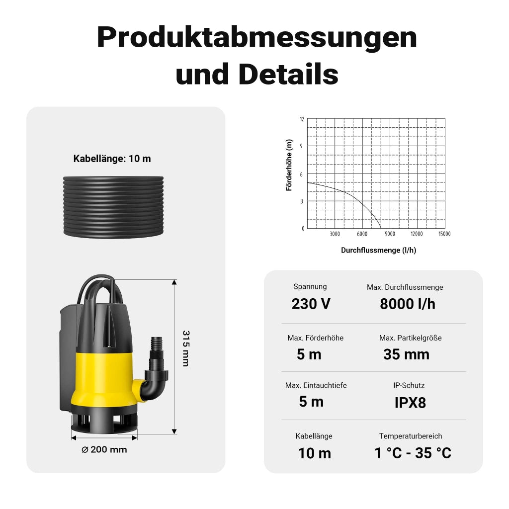 Pompa sommersa acque nere 8000 l/h 400 w prevalenza 5 m Elettropompa a immersione