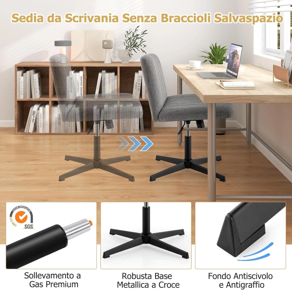 Sedia Ufficio Senza Ruote, Sedia da Scrivania con Sedile Imbottito, con Funzione a Dondolo 100°-120°, Girevole 360°, Altezza Regolabile, Sedia Ergonomica Portata 150 kg (Grigio)