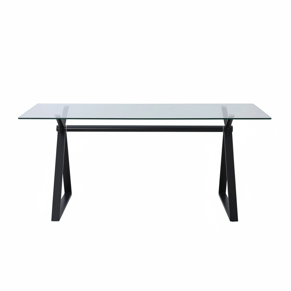 Tavolo da Pranzo Skylar 150×90 cm in Vetro Temperato con Gambe a Cavalletto Nere