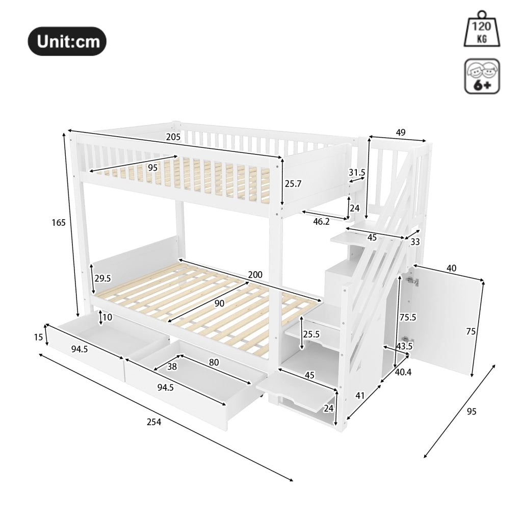 LETTO a castello 90x200 cm Bianco con armadio, cassetti e scaffali