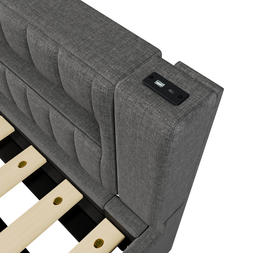 OKWISH Letto a Divano 90×200 cm, Letto Singolo con Contenitore, USB, Tipo C e LED Regolabile, senza Materasso, in Lino, Grigio