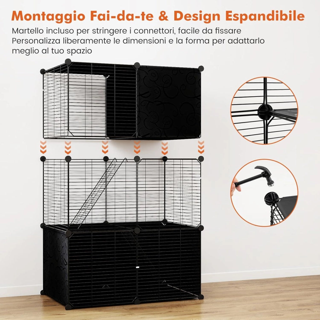 Gabbia Grande per Gatti, Recinzione da Interno per Gattini in Filo Metallico a 3 Livelli, Recinto per Esterno Smontabile con 2 Rampe, per Furetti, Conigli, Porcellini d'India