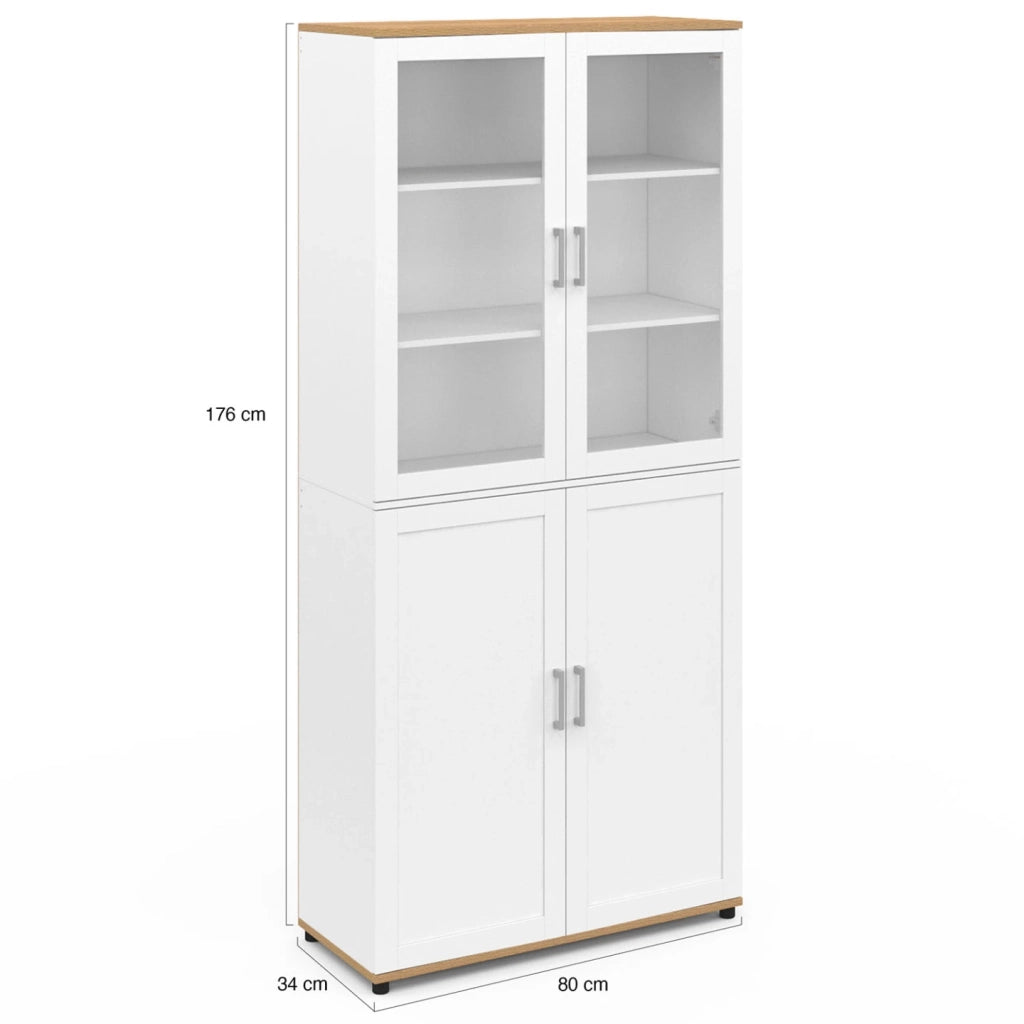 IDMarket - Mobiletto da bagno VITO a 4 ante, di cui 2 vetrate, bianco e legno