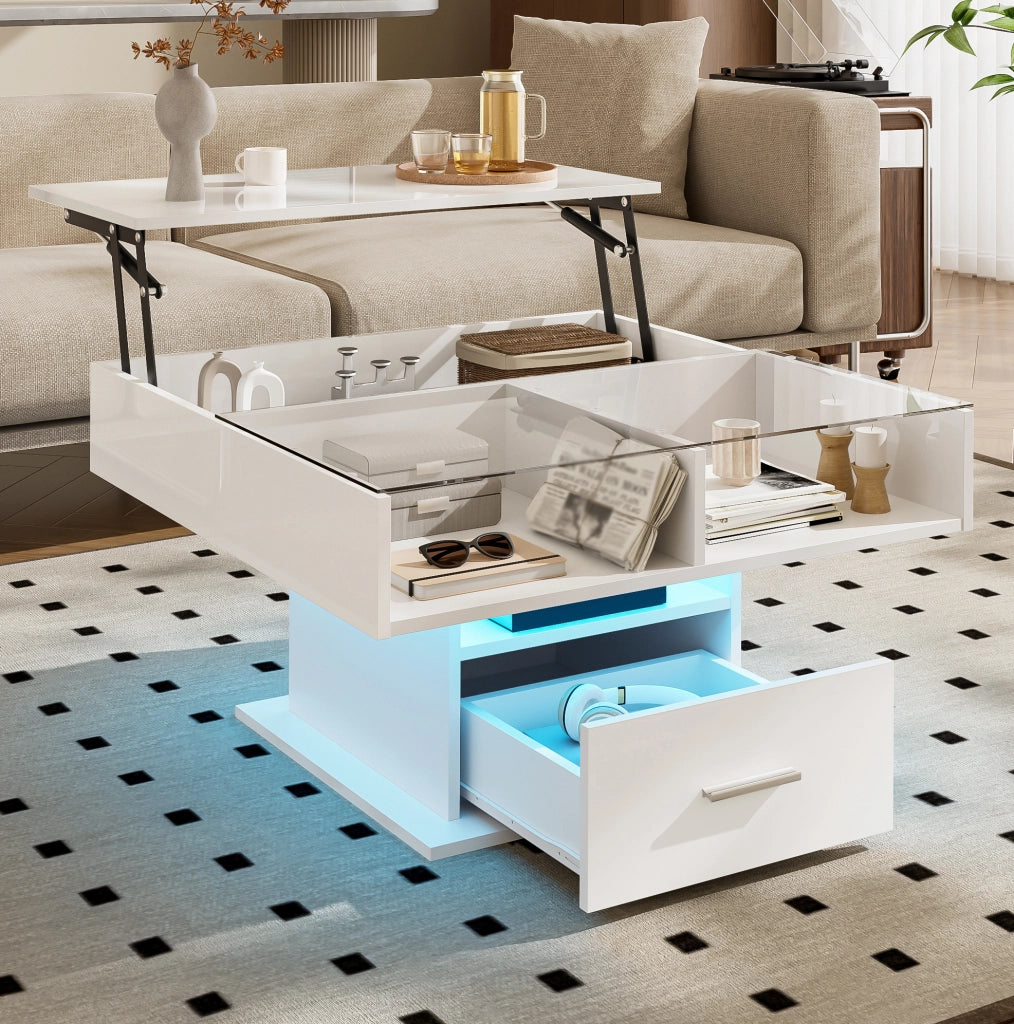Tavolino da caffè lift-top in pannello truciolare bianco lucido; 78x78 cm; con LED e spazio contenitivo