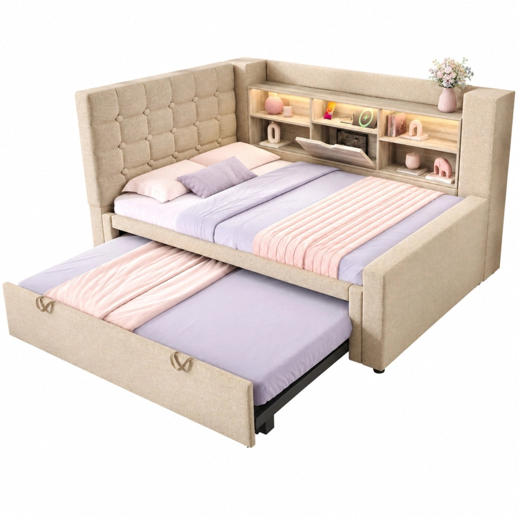 Letto imbottito 90x200 cm con letto estraibile, LED, prese USB, testiera L reversibile e contenitore