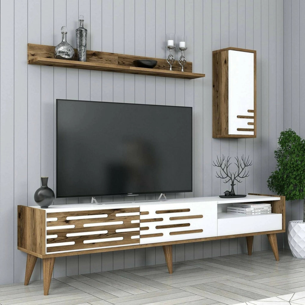 Mobile porta TV Upana, Credenza da soggiorno, Armadio basso per TV, Base parete attrezzata, 180x45h35 cm, Bianco e Noce