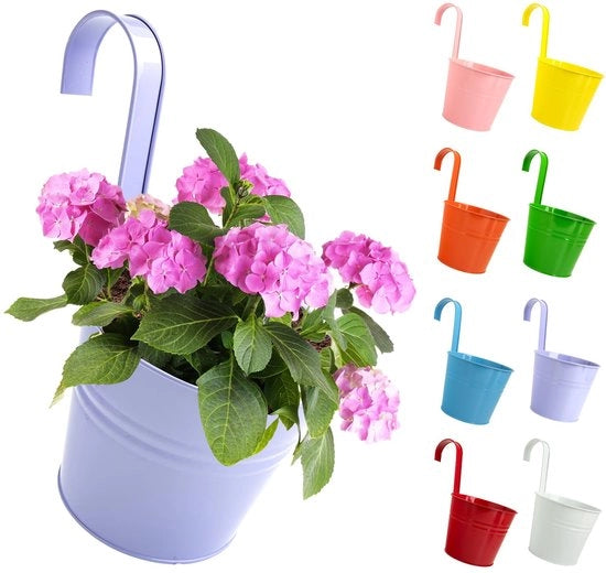 Piantine Sospese, Grande Vasca Metallica Sospesa, Piantine Sospese Colorate per Terrazza, Giardino, Muro, Vasca Sospesa Robusta con Gancio Rimovibile & Foro di Scarico, 8 Pezzi, 16 x 26 cm