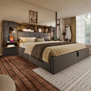 Letto matrimoniale 180x200 cm con contenitore; LED; USB e Type-C; comodini integrati; lino grigio