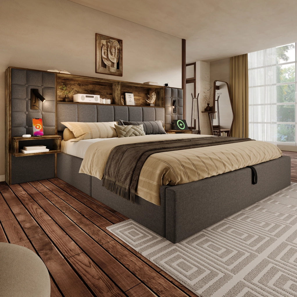 Letto matrimoniale 180x200 cm con contenitore; LED; USB e Type-C; comodini integrati; lino grigio