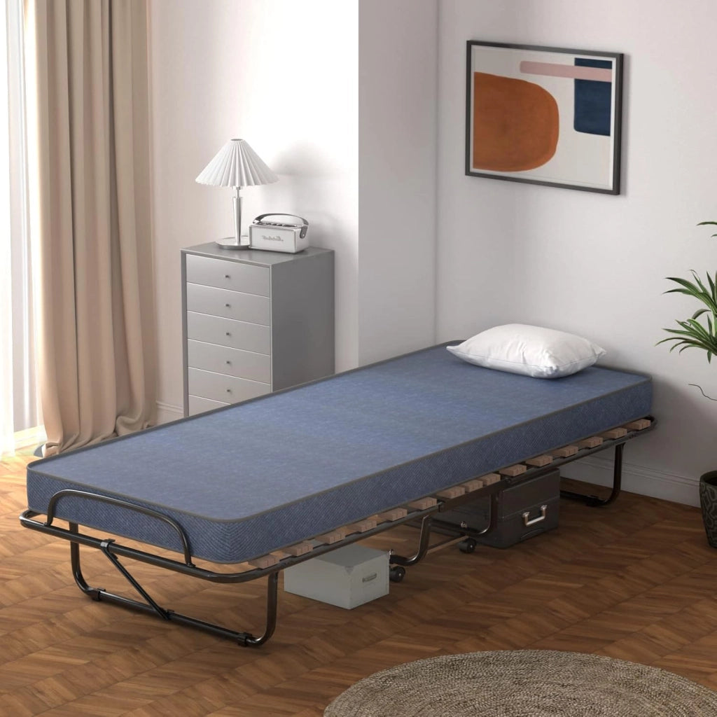 Letto Singolo Pieghevole di Emergenza, 80 x 190 cm, Letto Singolo con Materasso in Memory Foam, Telaio in Acciaio con 4 Ruote, 15 Doghe in Legno, Blu