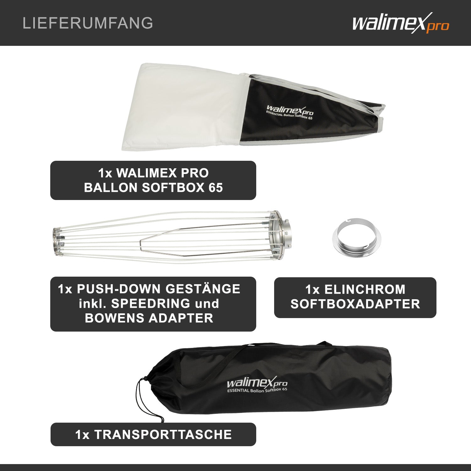 Essential Balloon Softbox 65cm + adattatore softbox per Elinchrom (diametro esterno: 15,2 cm), diffusore di luce a 360° ad apertura rapida, adattatore, compatibile con tutte le luci