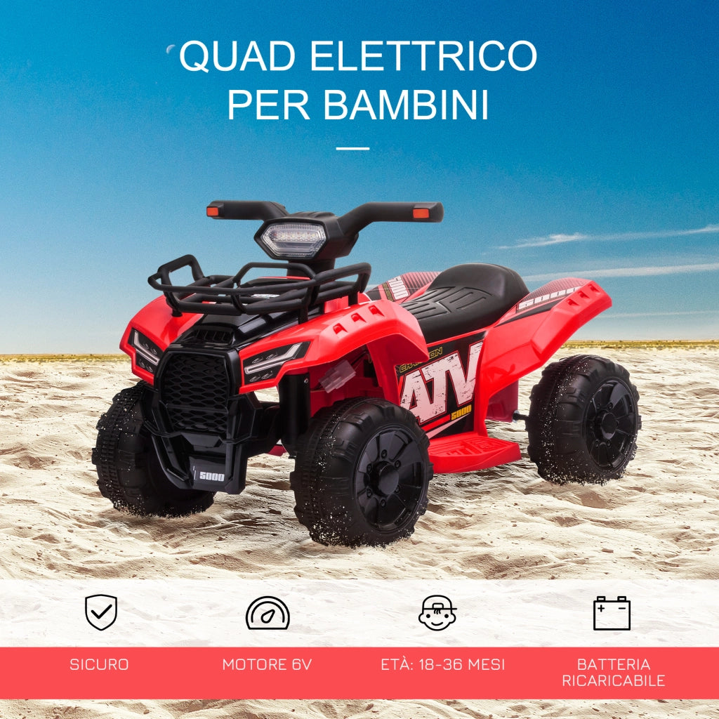 EasyComfort Quad Elettrico per Bambini con Batteria Ricaricabile 6V, Pulsante Acceleratore, Età 18-36 Mesi, 70x42x45cm, Rosso