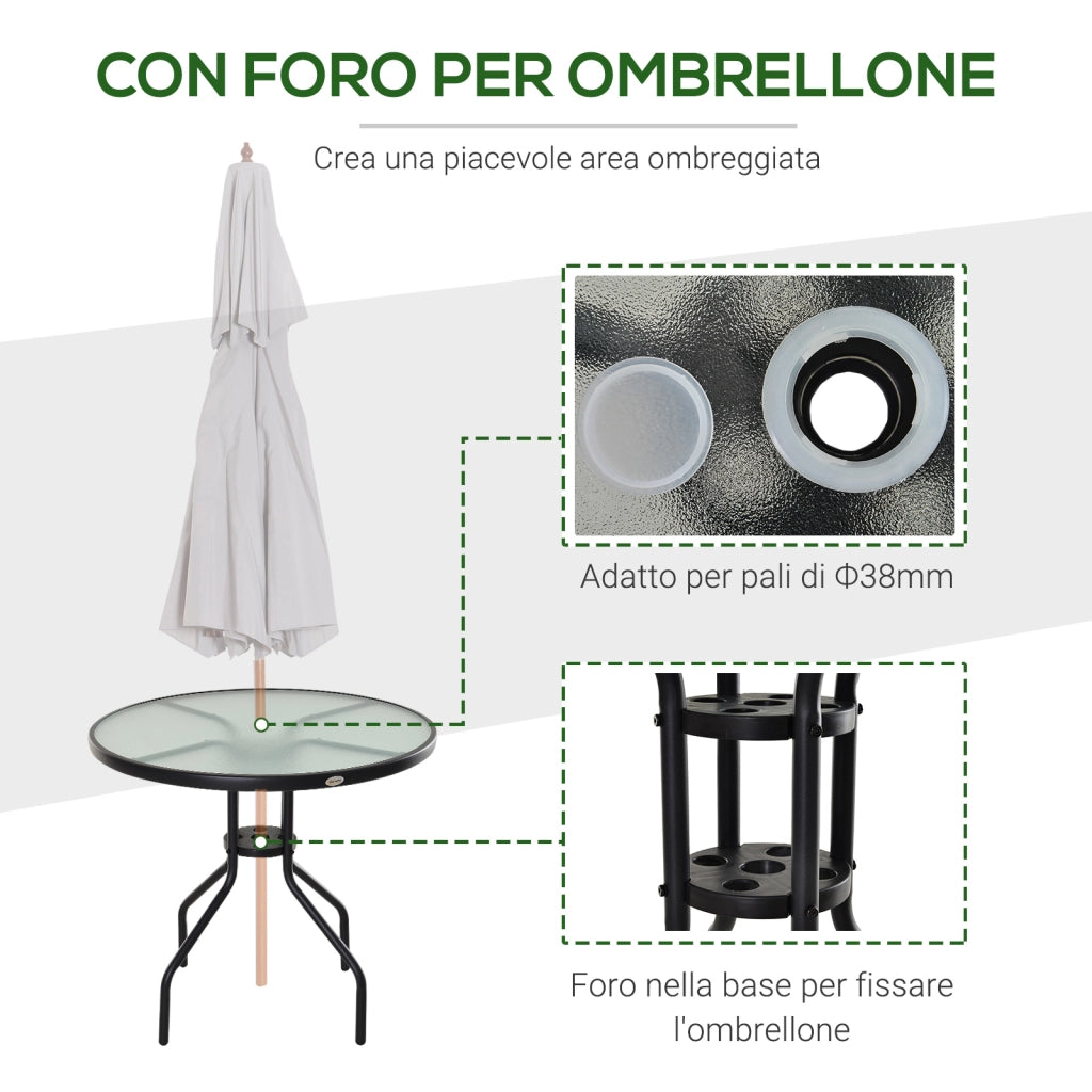 EasyComfort Tavolino da Giardino con Piano in Vetro Temperato e Foro per Ombrellone Acciaio Ф80 x 72 cm Nero