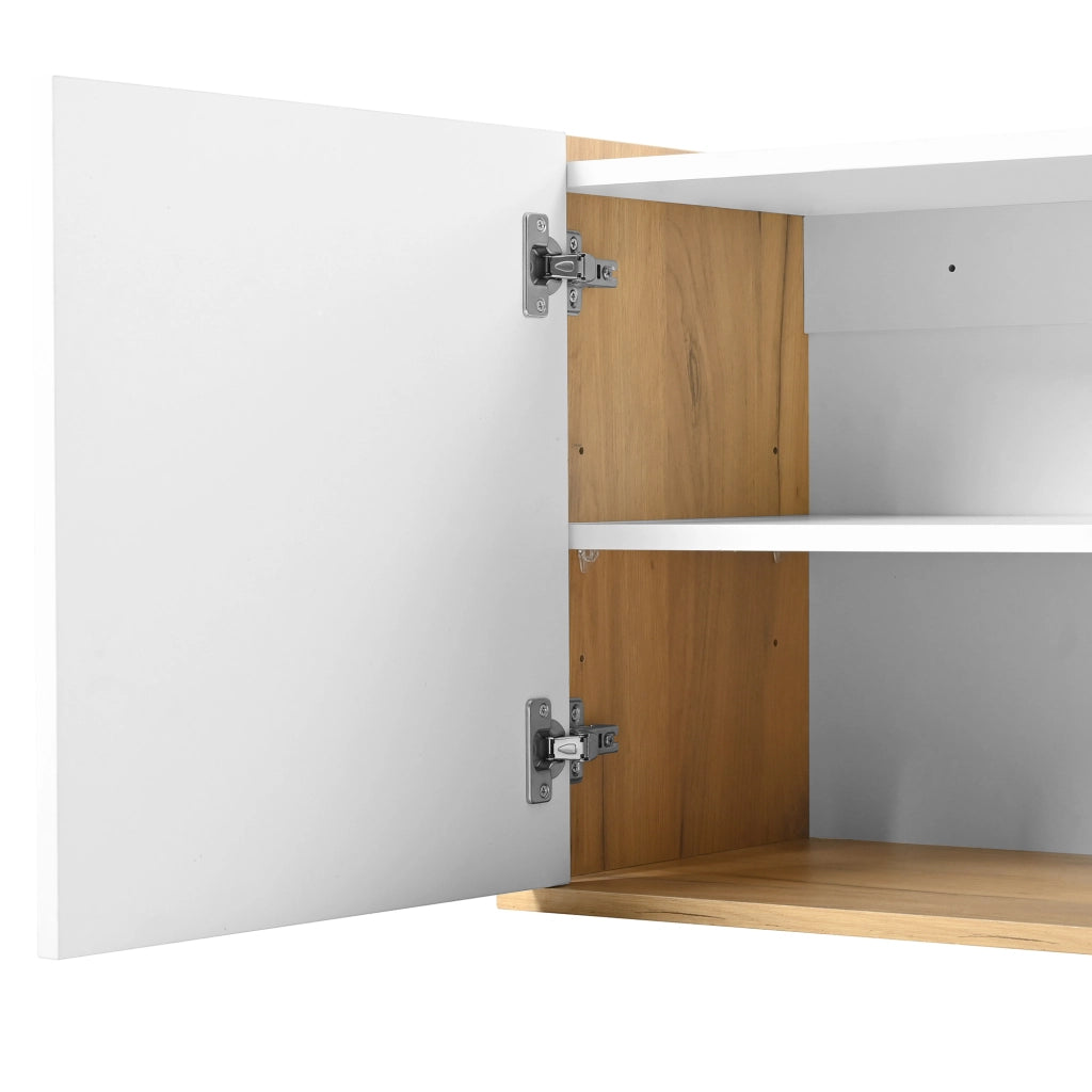 Mobile TV basso in bianco e legno - Zephmum- Appendibile o a pavimento