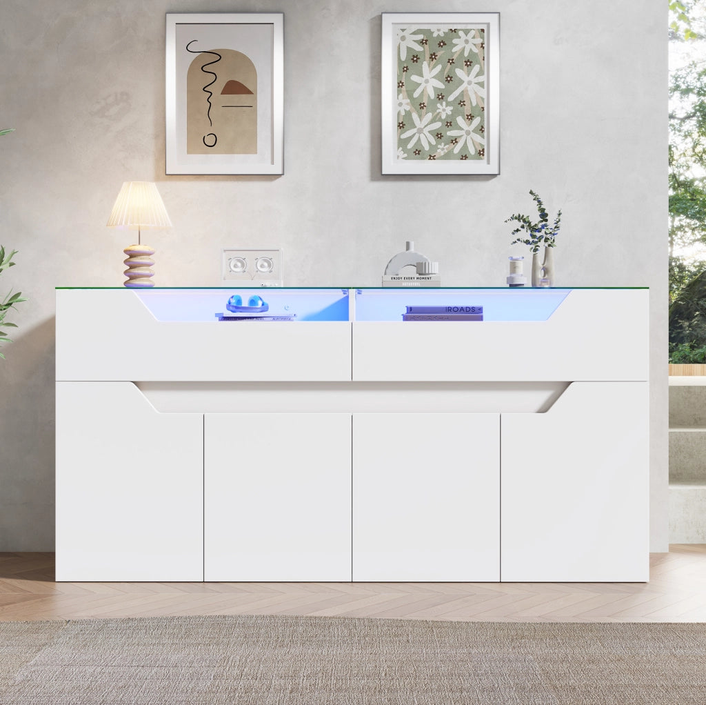 Credenza bianca in MDF con vetro temperato, due cassetti e illuminazione controllabile integrata