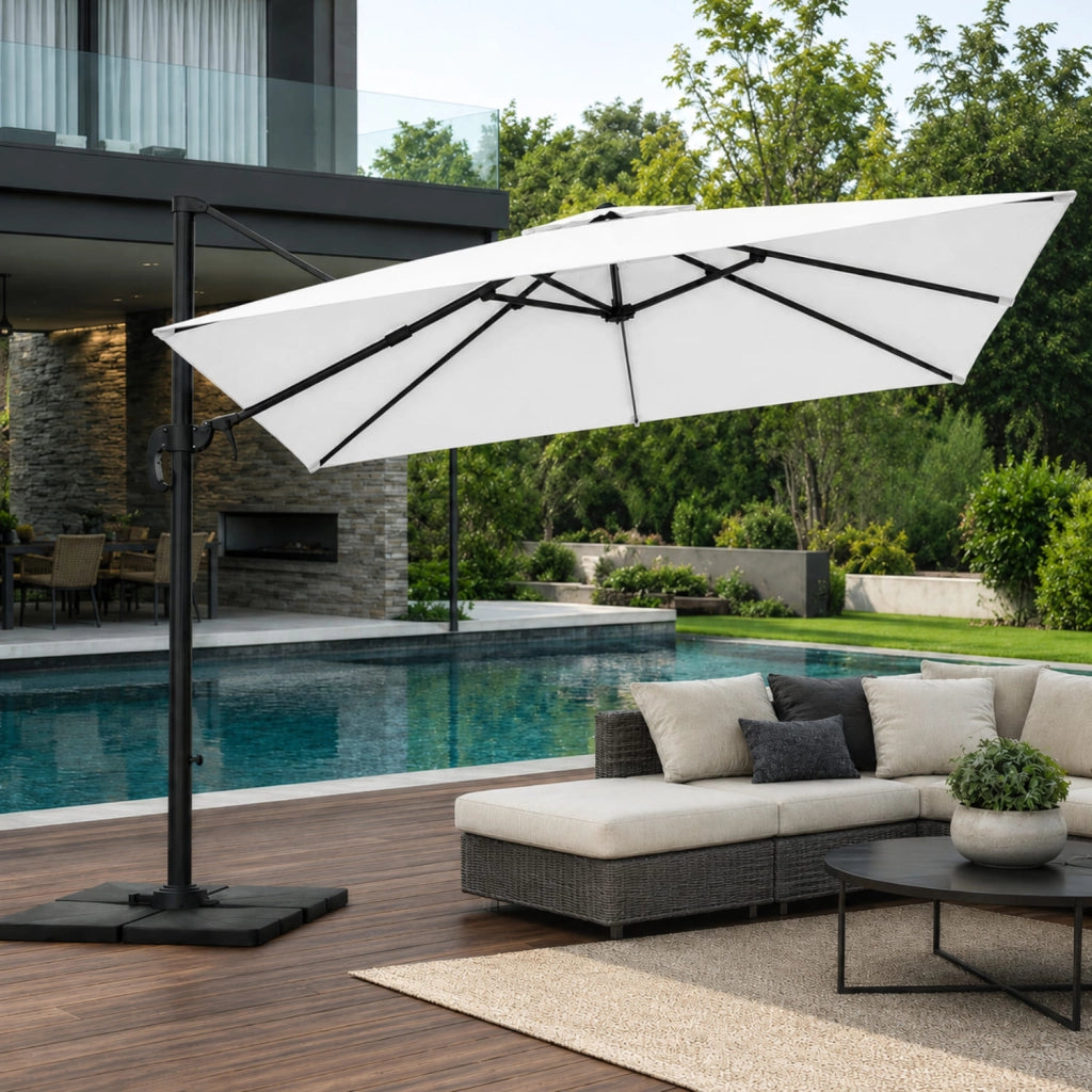 Ombrellone 3X3 M Giardino Braccio Retrattile Per Esterni Piscina Terrazze Gazebo Bar Hotel In Acciaio Inossidabile Braccio Rotabile 360° Telo 180 G M2 Impermeabile Resistente Ai Raggi UV Bianco