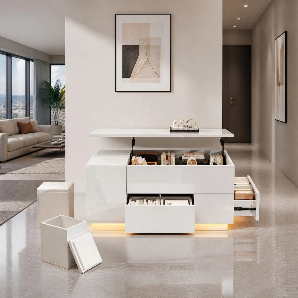 Tavolino Reclinabile 2 Cassetti LED con 2 Pouf e Vano Nascosto per Salotto 100 × 50 × 45 cm
