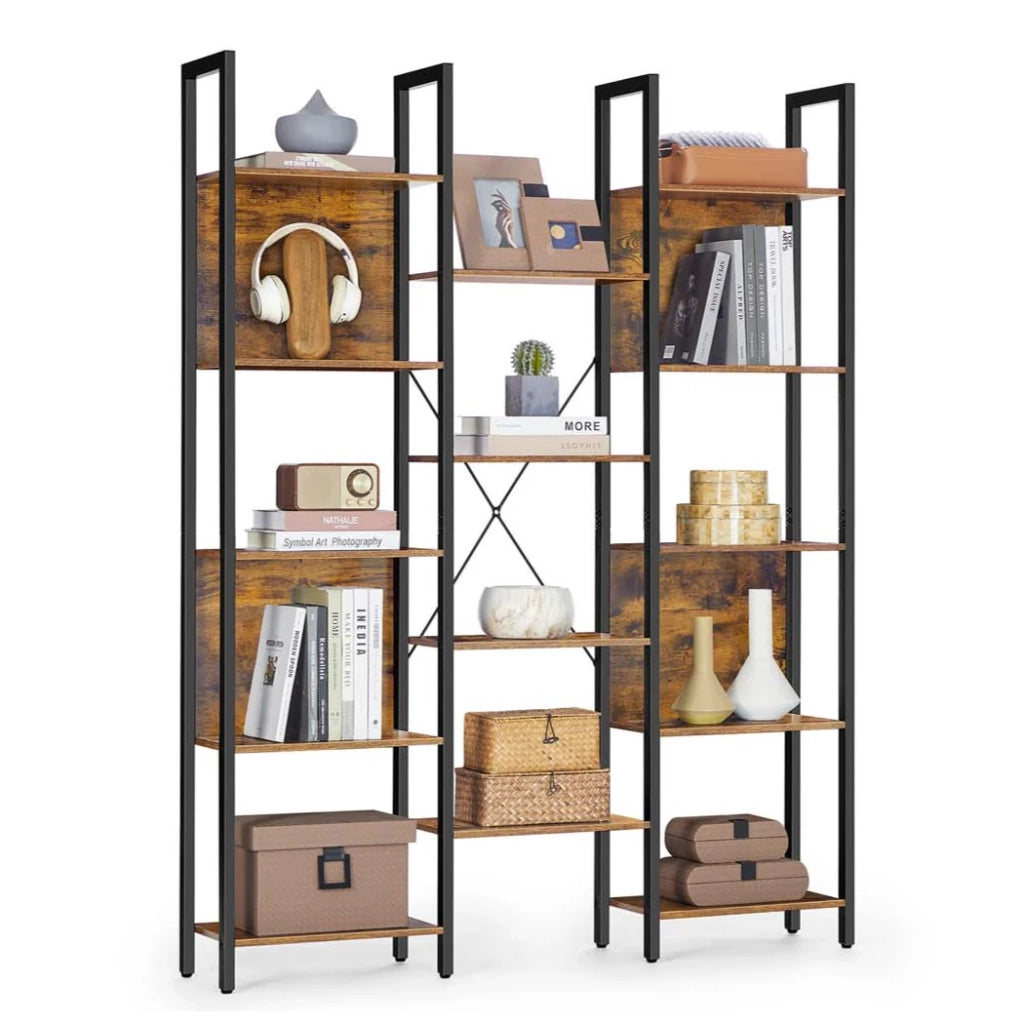 Libreria/mobile contenitore in stile industriale con struttura in metallo e 14 scomparti adatta per soggiorno o ufficio 158 x 24 x 166 cm marrone 12_0004259