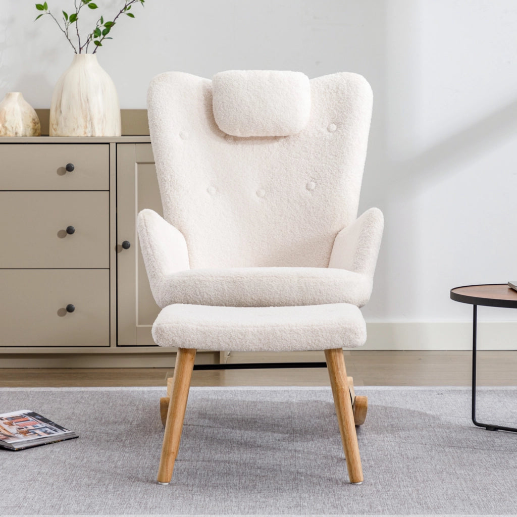 Poltrona a dondolo con poggiatesta e poggiapiedi design elegante per relax quotidiano in tessuto bouclé bianco