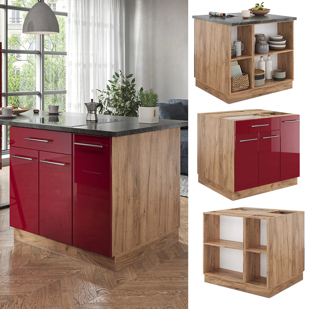 Isola cucina Fame-Line Bordeaux lucido/Rovere dorato 90 cm con cassetto, senza piano di lavoro Vicco