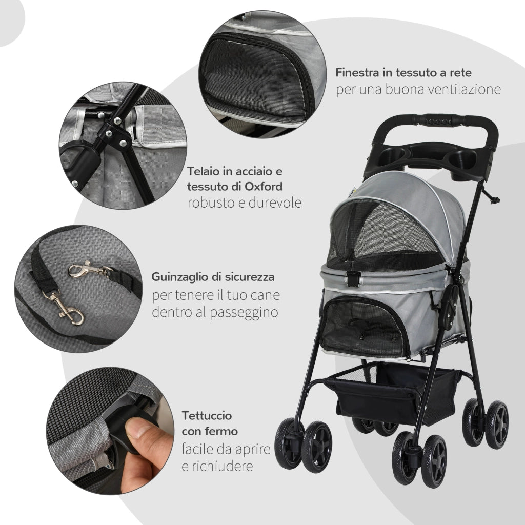 EasyComfort Passeggino per Cani Pieghevole con Guinzaglio di Sicurezza e Cestino Portaoggetti, Grigio