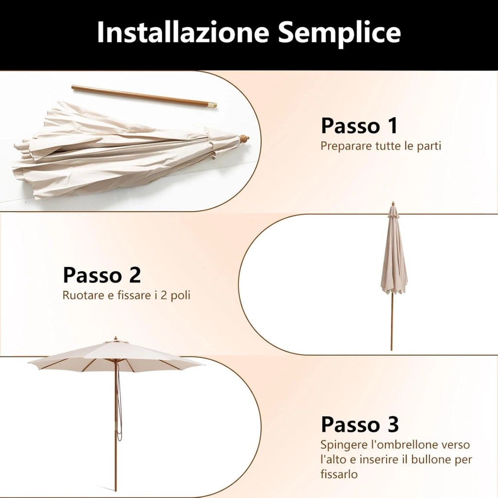 Ombrellone da Giardino 300 x 300 cm, Ombrellone Pieghevole con 8 Stecche di Bambù, 3 Altezze Regolabili, Ombrellone da Parasole Impermeabile, per Giardino Cortile Piscina (Beige)