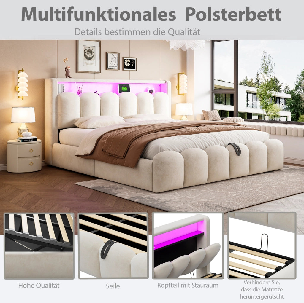 Letto matrimoniale imbottito 180x200 cm beige con LED e USB