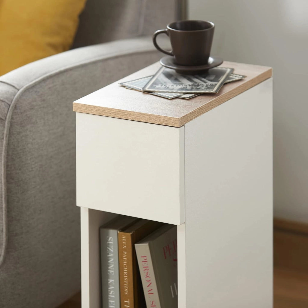Comodino Sottile comodino per camera da letto con cassetto e ripiano comodini per camera da letto e soggiorno Tavolino divano Bianco L20 x P35 x A60 cm FBT111-WN