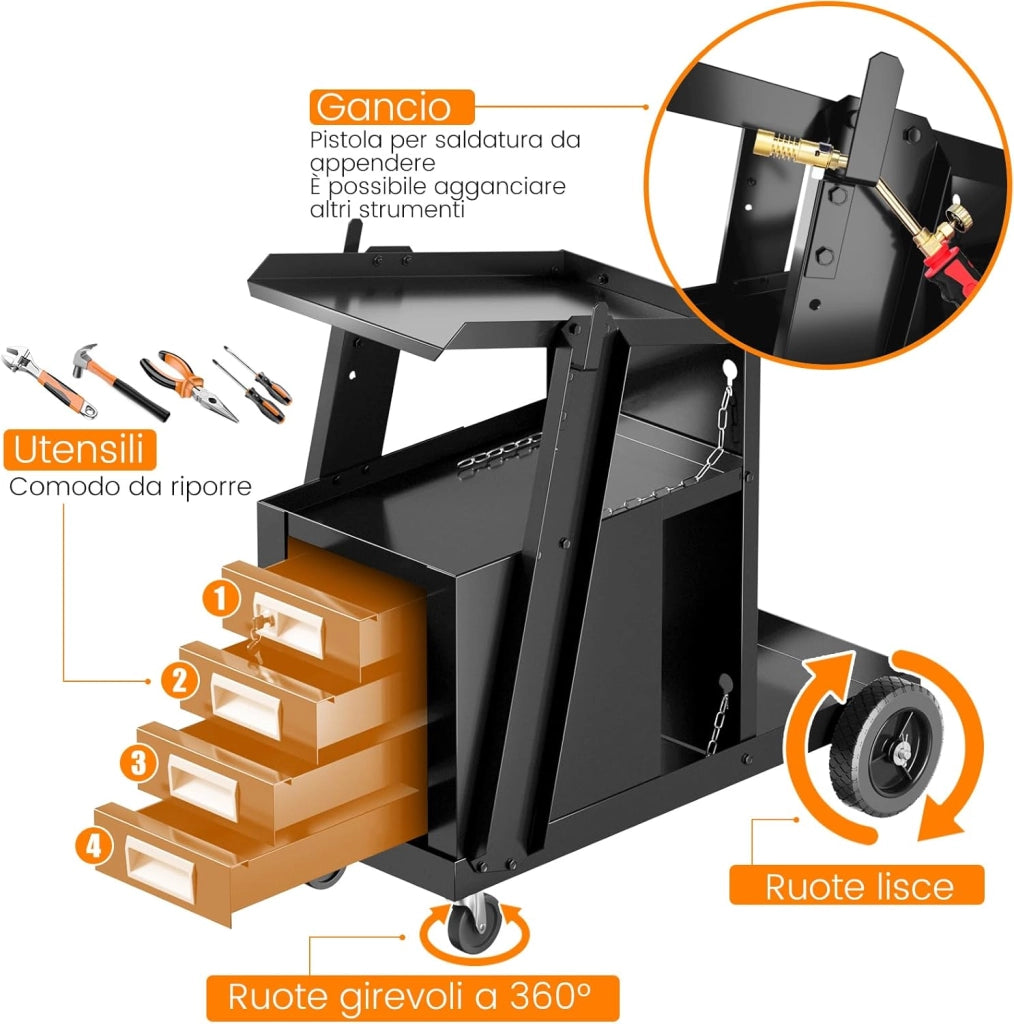 Carrello in Acciaio per Trasporto Saldatrice con Portabombola, Carrello Porta Saldatrice con 4 Cassetti, Nero