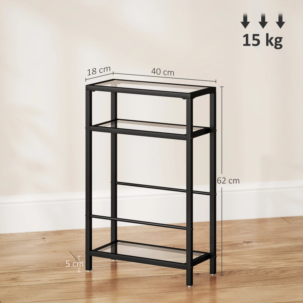 Scaffale 3 ripiani con mensole in vetro ¨C Xylo ¨C nero, 18 cm larghezza, struttura in metallo