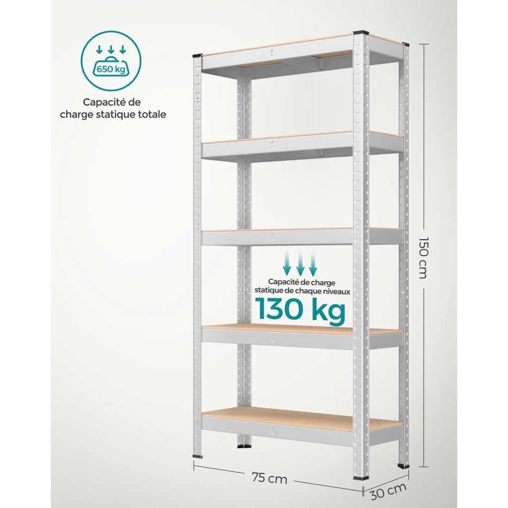 Scaffale robusto a 5 ripiani 150 x 75 x 30 cm portata totale 650 kg (130 kg/ripiano) stile industriale ripiani regolabili per soggiorno/cucina nero e marrone rustico 12_0005444