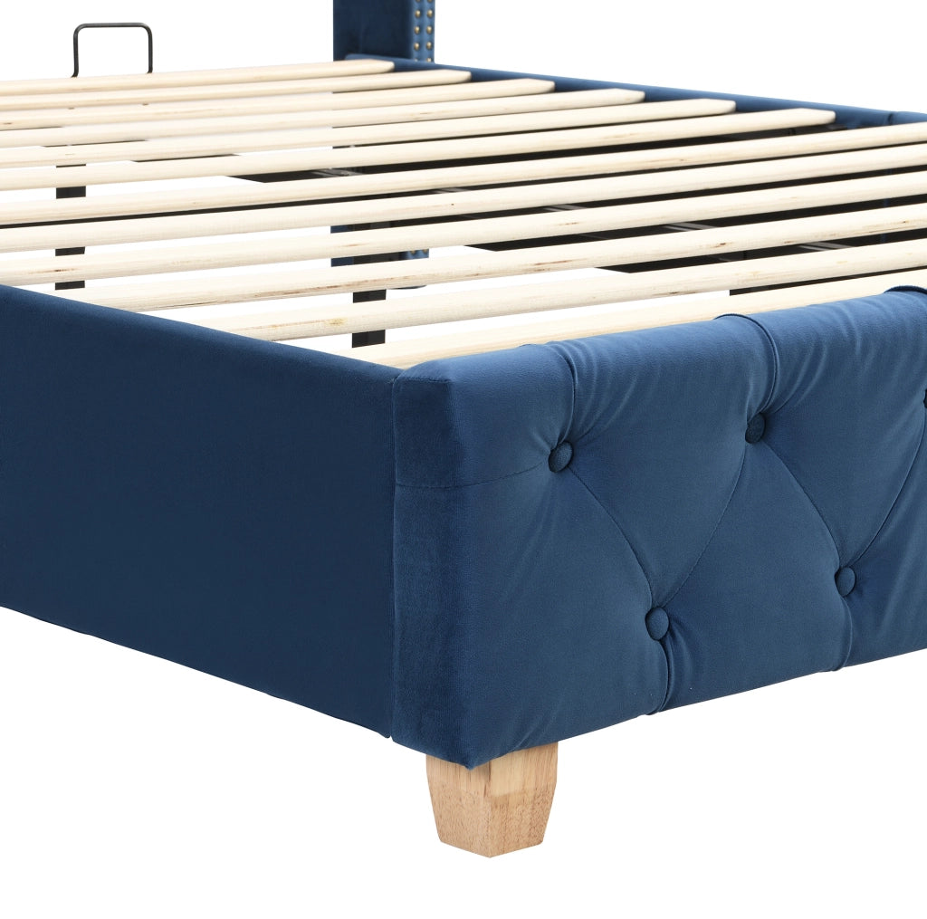 Letto imbottito in velluto blu 160 x 200 cm con rete e testiera decorata